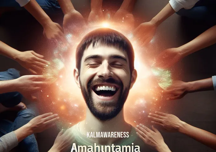 aphantasia and meditation _ Image: A close-up of the person's smiling face, radiating inner peace, surrounded by a supportive community. Image description: A triumphant smile reflects inner peace as they conquer aphantasia with meditation, embraced by a supportive community.