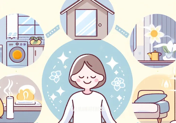 awareness follows the breath home _ Image: The person, now with a peaceful smile, enjoys a clean and harmonious home, surrounded by a calming atmosphere and a sense of awareness that follows each breath.Image description: In the final image, the person, now with a peaceful smile, enjoys a clean and harmonious home, surrounded by a calming atmosphere and a sense of awareness that follows each breath.