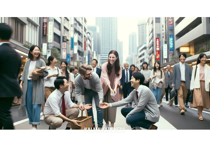 being gentle _ Image: The same city street, now filled with smiling people, helping each other, and showing kindness. Image description: The atmosphere has transformed, with strangers assisting one another, reflecting a sense of unity and gentleness.