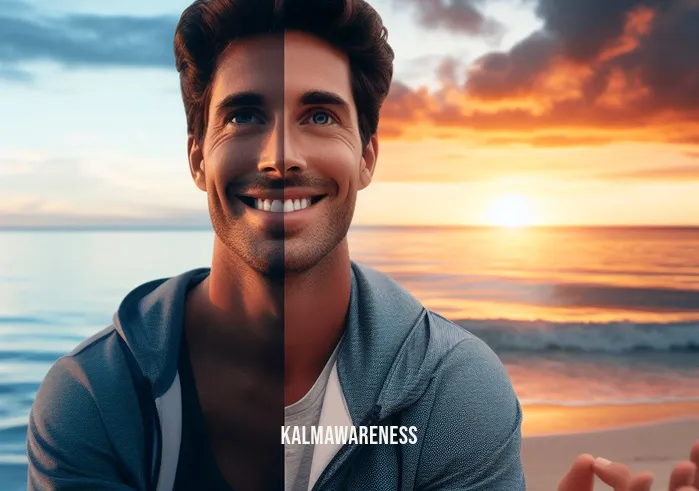 embracing mindfulness _ Image: A smiling person, now relaxed and content, enjoying a moment of mindfulness by the beach at sunset. Image description: The transformation from stress to bliss, as someone finds solace in mindfulness by the calming sea.