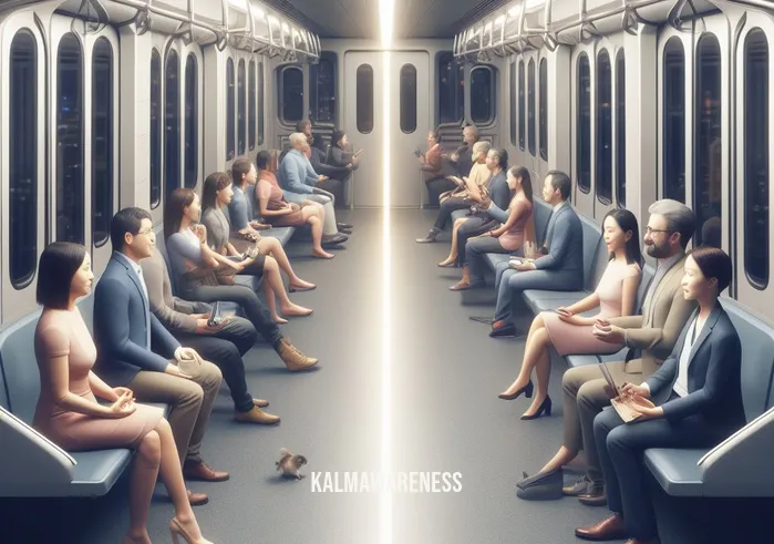 interpersonal mindfulness _ Image: A final image of the subway, with several passengers engaged in conversations, practicing interpersonal mindfulness. Image description: The once impersonal and hectic subway transformed into a more connected and harmonious environment.