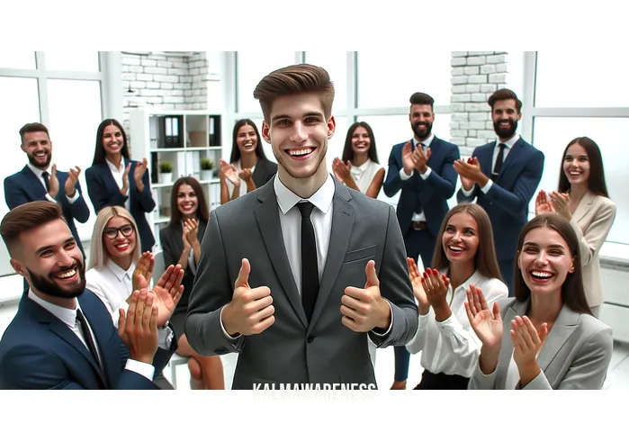let the game come to you _ Image: A celebratory scene at the office, colleagues applauding and smiling, as the person stands with a sense of accomplishment.Image description: A joyous office environment, colleagues applauding and congratulating the person for their successful presentation.