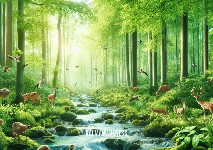 mindful brands _ Image: A lush green forest with clear streams and wildlife, symbolizing the restored balance and harmony achieved through mindful consumerism.Image description: A pristine forest teeming with life and serene streams, illustrating the positive impact of mindful brands on the environment.