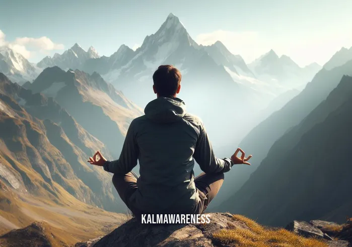 mindful courage _ Image: A serene image of the hiker sitting cross-legged, meditating with a breathtaking mountain view in the background.Image description: The hiker now meditates mindfully, finding inner calm and courage amidst the awe-inspiring mountain scenery.