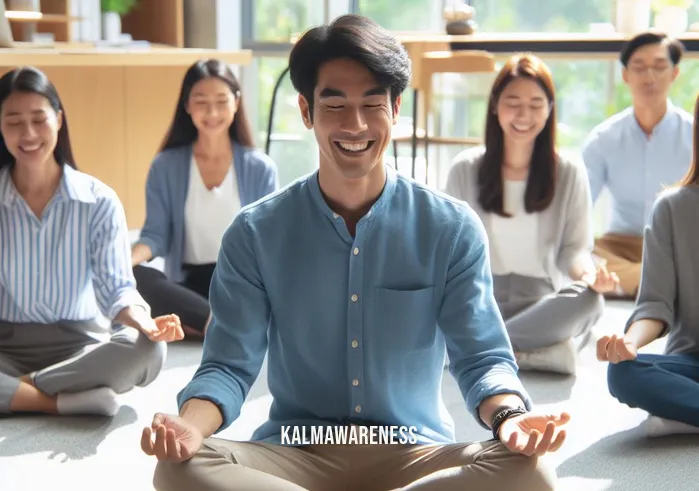 mindful enough _ Image: A smiling individual leading a meditation session for coworkers in a harmonious office. Image description: A smiling individual leading a meditation session for coworkers in a harmonious office.