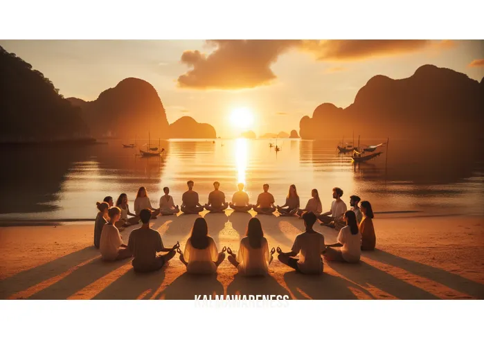 mindful icon _ Image: A tranquil beach at sunset, with people meditating in a circle. Image description: Individuals meditating by the beach, finding inner peace as the sun sets on the horizon.