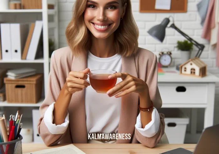 mindfulenough _ Image: A smiling person at their organized desk, sipping tea, surrounded by a clean and clutter-free workspace.Image description: A person happily sitting at their organized desk, enjoying a moment of calm with a tidy workspace.