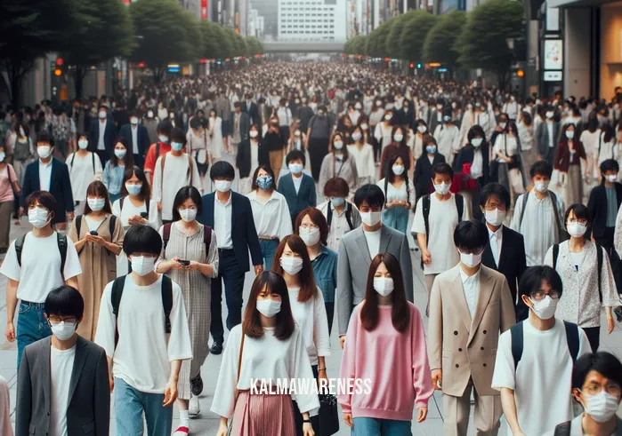 mindfulness and masks _ Image: A final image of the same crowded city street, but now people wear masks while maintaining a mindful awareness of their surroundings, moving with purpose.Image description: The same busy city street, but now people wear masks while walking mindfully, aware of their surroundings and moving with intention.
