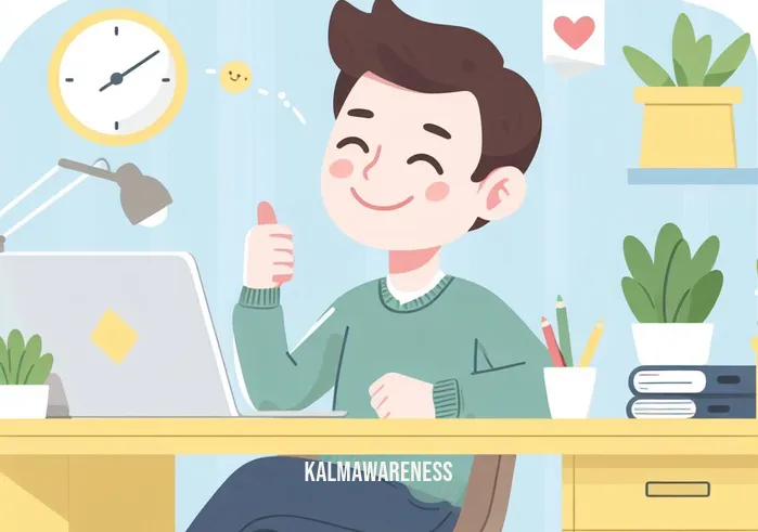 mindfulness chart _ Image: A smiling person, now stress-free and content, enjoying a balanced and organized workspace. Image description: A person, now stress-free and content, enjoys a balanced and organized workspace with a smile on their face.