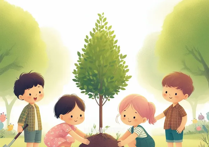 mindfulness for little ones _ Image: A heartwarming scene of the children planting a tree together, symbolizing their newfound connection to nature and the world around them.Image description: United in their mindfulness journey, the children contribute to a greener world, nurturing both themselves and the environment.