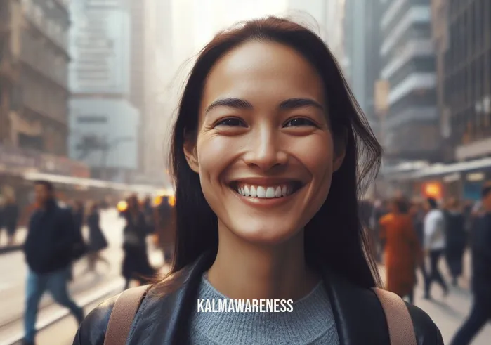 mindfulness in a sentence _ Image: A smiling person, back on the bustling city street, but now with a sense of peace. Image description: They navigate the chaos with a calm and centered demeanor, embodying mindfulness.