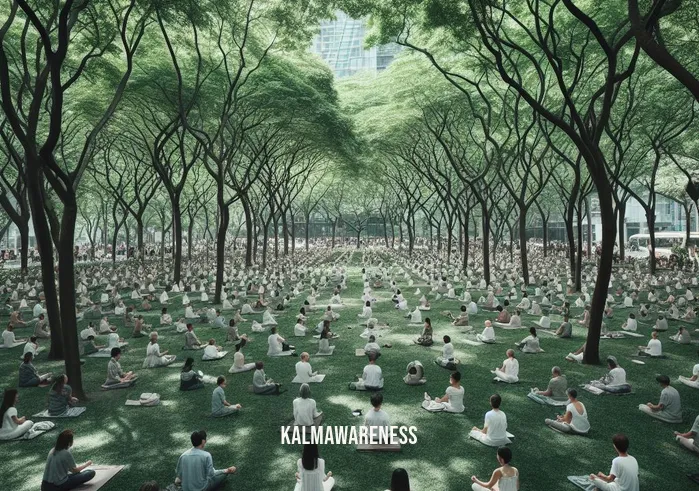 mindfulness tree _ Image: The entire park, now filled with people sitting under trees, practicing mindfulness, creating a tranquil oasis in the heart of the city.Image description: The entire park is transformed, with people sitting under trees throughout, all engaged in the practice of mindfulness, creating a tranquil oasis in the heart of the bustling city.
