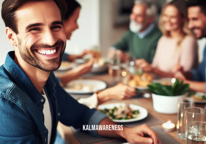 pause time _ Image: A happy individual, relaxed and smiling, enjoying quality time with family and friends at a cozy dinner table. Image description: A heartwarming gathering of loved ones sharing laughter and meals, cherishing the precious moments together.