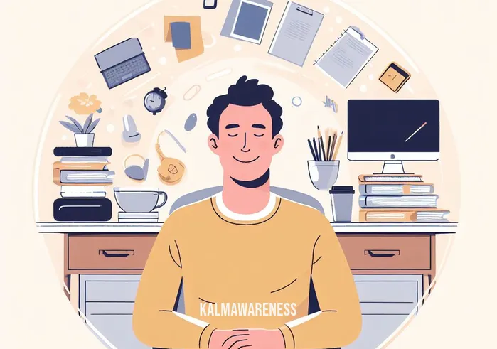 what are the three components of mindfulness _ Image: A content and relaxed person, surrounded by a tidy and organized workspace, radiating a sense of inner calm. Image description: Content individual in an organized workspace, exuding inner calm.