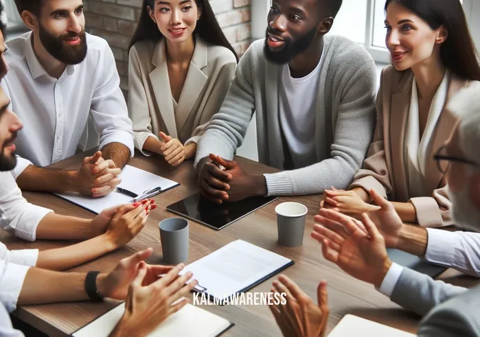 words for being present in the moment _ Image: A group of colleagues gathered around a meeting table, actively listening and engaging in a discussion. Image description: Colleagues engaged in a productive meeting, actively listening and participating.
