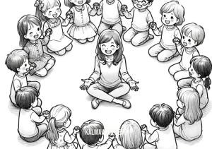 sesame street yoga _ Image: Children and instructor in a circle, sharing smiles and a sense of accomplishment.Image description: Children and instructor in a harmonious circle, radiating positivity.