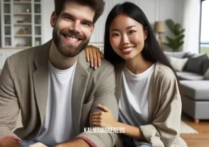 easy shifting methods without visualization _ Image: The couple smiling happily in their newly arranged living room. Image description: The man and woman wearing smiles of satisfaction in their now cozy and well-organized living room.