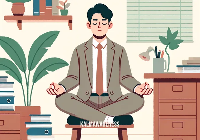 mindfulness objects _ Image: The individual, now with a calm and composed demeanor, continues their meditation, surrounded by an organized and serene workspace, representing the successful resolution of the initial chaos through mindfulness.Image description: The person maintains a composed posture, surrounded by an organized and peaceful workspace, indicating the successful resolution of initial chaos through mindfulness practice.