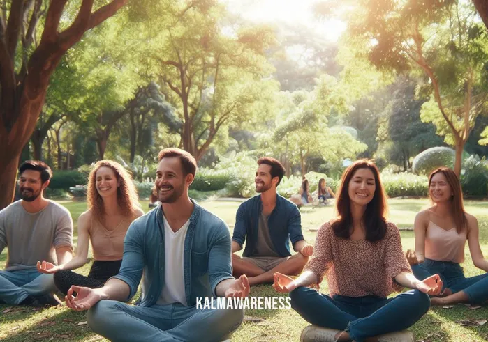 30 minute meditation _ Image: A group of people in the same park, now sitting peacefully, smiling, and meditating together, surrounded by nature's beauty.Image description: The same park from earlier, but now with a group of people sitting harmoniously, sharing smiles while meditating, amidst the beauty of nature.