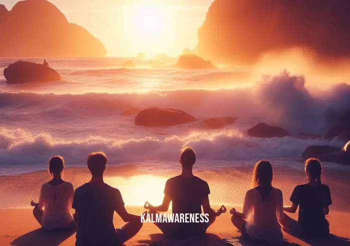 meditating clipart _ Image 4: Image description: A picturesque beach at sunset, with a group of people now sitting peacefully, their eyes closed in deep meditation, as the crashing waves create a soothing backdrop.