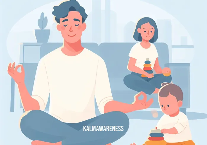 meditation toys _ Image: The same parent, with a relaxed smile, peacefully engaging in a meditation practice, while their child plays quietly nearby with a set of calming meditation toys. Image description: The parent enjoys meditation with a serene smile while their child engages quietly in play, thanks to meditation toys designed to promote calmness.