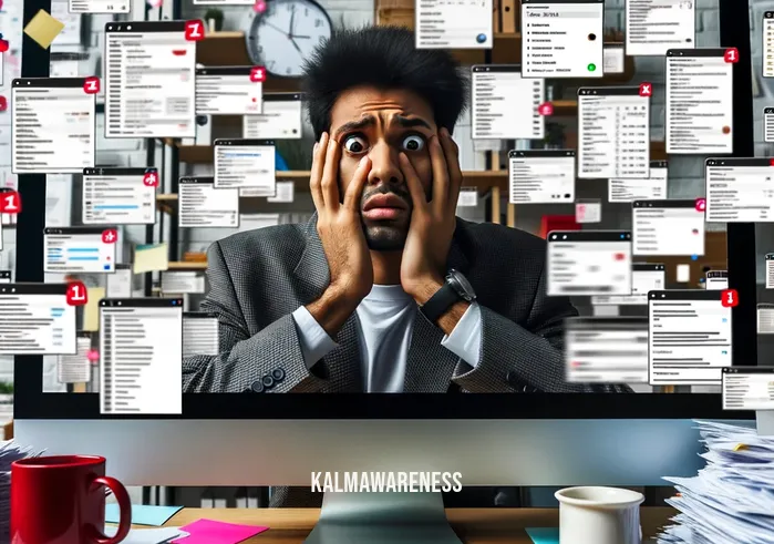 mindful memes _ Image: A cluttered digital workspace with numerous open tabs, notifications, and a stressed individual juggling multiple tasks on the computer.Image description: A digital world overwhelmed by distractions, symbolizing the challenges of staying focused online.