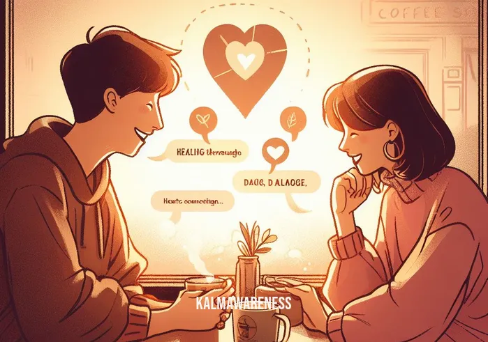 open heart poetry _ Image: A warm coffee shop, two people engrossed in conversation, smiles breaking through, hearts connecting.Image description: Healing through dialogue: Sharing stories and finding solace in each other's words.