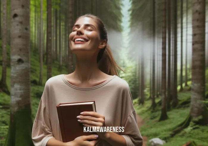 read unwind online _ Image: A happy person outside, taking a nature walk with a book in hand, enjoying a peaceful moment of escape. Image description: A content person strolls amidst lush greenery, book in hand, finding serenity and balance by disconnecting from the online world.