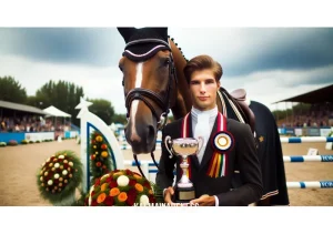 riding is an exercise of the mind _ Image: The rider and horse stand proudly in the winner's circle, holding a trophy, a symbol of their newfound mastery. Image description: The rider, now a skilled equestrian, stands beside their horse, both adorned with victory garlands, celebrating their achievement with a shiny trophy in hand.