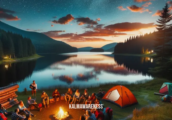 movement in nature _ Image: A serene campsite by a peaceful lake, the hikers gathered around a crackling campfire. Image description: With the day's journey behind them, they relax, sharing stories and laughter under the starry night sky.