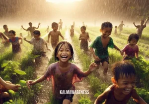 need rain _ Image: Smiling children playing in rejuvenated fields amidst lush greenery.Image description: Children laugh and play in fields transformed by the life-giving rain, now lush and green, symbolizing the renewal of hope and prosperity.