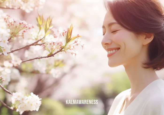 spring meditation script _ Image: A rejuvenated and peaceful person, smiling as they walk through the blooming garden. Image description: The person, now at peace, strolling through the garden, their face radiant with a serene smile.