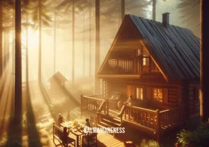 cabin rain _ Image: A serene morning, sunlight filtering through the trees, casting a warm glow on the cabin, fully restored. Image description: The family enjoys breakfast on the cabin's porch, grateful for their teamwork in overcoming the cabin rain challenge.