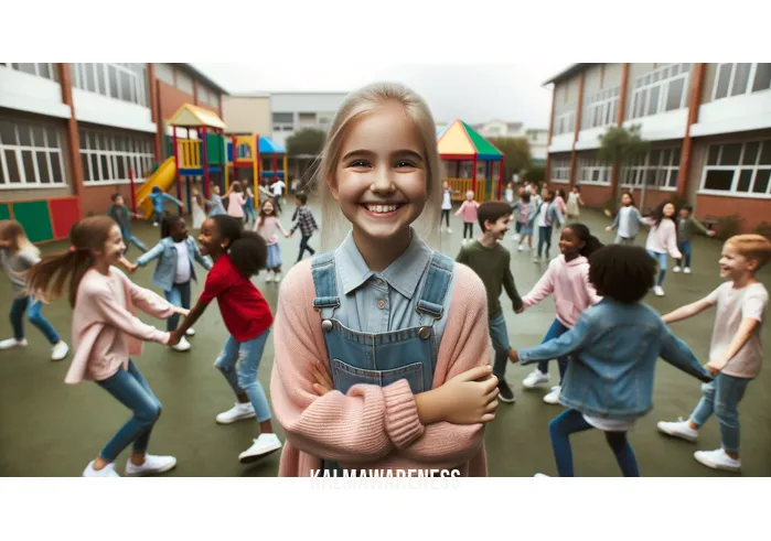 kindness opposite _ Image: A transformed schoolyard where the young girl is now surrounded by friends, all happily playing together, united by kindness and inclusion.Image description: The radiant smile on the young girl's face as she finally feels valued and accepted, her heart warmed by the kindness of her newfound friends.