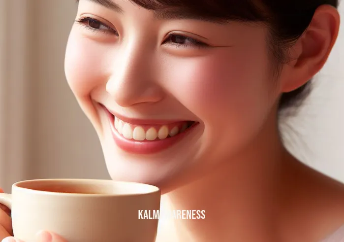 aa daily meditation app _ Image: A smiling person, refreshed and relaxed, enjoying a cup of tea after their meditation session.Image description: The individual, now relaxed and refreshed, savoring a cup of tea with a genuine smile.
