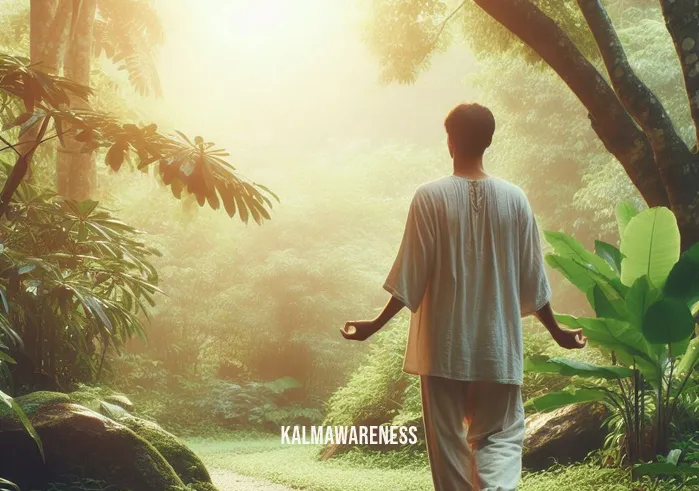 aa guided morning meditation _ Image: The person is now outdoors, walking amidst nature, with a content expression, fully engaged in the beauty of the morning.Image description: The meditator strolling in a lush park, connecting with nature, showcasing the transformative power of a guided morning meditation.