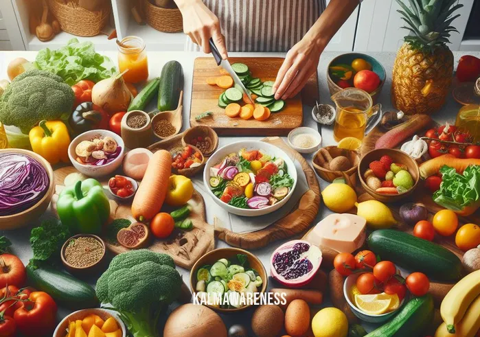 mindful body _ Image: A kitchen filled with colorful fruits and vegetables. A person prepares a wholesome, balanced meal, surrounded by fresh ingredients and a sense of mindfulness.Image description: A vibrant kitchen setting with someone preparing a nutritious meal, emphasizing the shift towards a mindful approach to food and overall well-being.