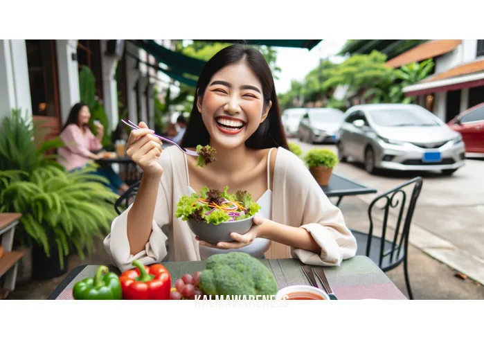 our bodys _ Image: A person enjoying a vibrant salad at an outdoor cafe, showcasing the importance of a balanced diet for overall well-being. Image description: A happy individual savoring a colorful salad at a cafe, emphasizing the role of nutrition in a healthy lifestyle.