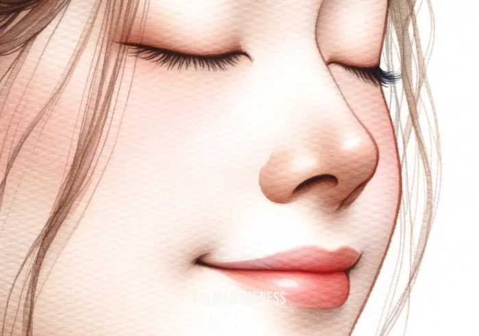 menstrual cramp meditation _ Image: A close-up of the woman's face, now wearing a slight smile, indicating relief from menstrual cramps.Image description: A close-up of the woman's face reveals a subtle smile, indicating relief from the menstrual cramps. Her features are relaxed, and she looks content as she continues her meditation practice.