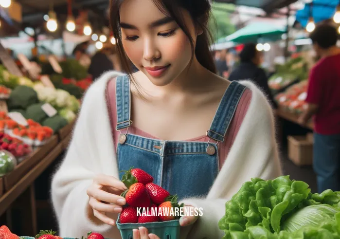 conscious vitality _ Image: A person making healthy food choices, selecting fresh fruits and vegetables at a farmer's market. Image description: A person at a farmer's market, carefully selecting fresh fruits and vegetables, promoting conscious eating and a healthy lifestyle.