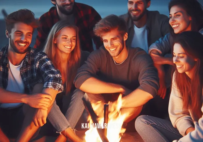 deep breathing pictures _ Image: A group of friends gathered around a bonfire on the beach, all smiling and content. Image description: Friends sitting around a beach bonfire, smiles on their faces, enjoying a peaceful evening, the resolution of stress through deep breathing.