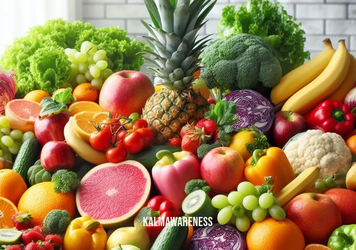 eschews food _ Image: A colorful array of fresh fruits and vegetables displayed on a kitchen counter. Image description: A vibrant assortment of fruits and vegetables, neatly arranged, showcasing a commitment to nutritious eating.