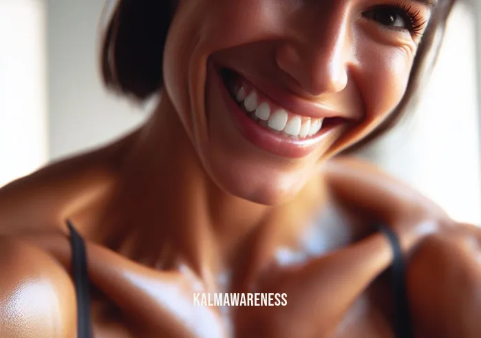 fitness reality x class _ Image: A close-up of a person's toned and healthy physique, post-workout, with a big smile of accomplishment. Image description: The resolution, a fit and happy individual reaping the rewards of their fitness reality journey.