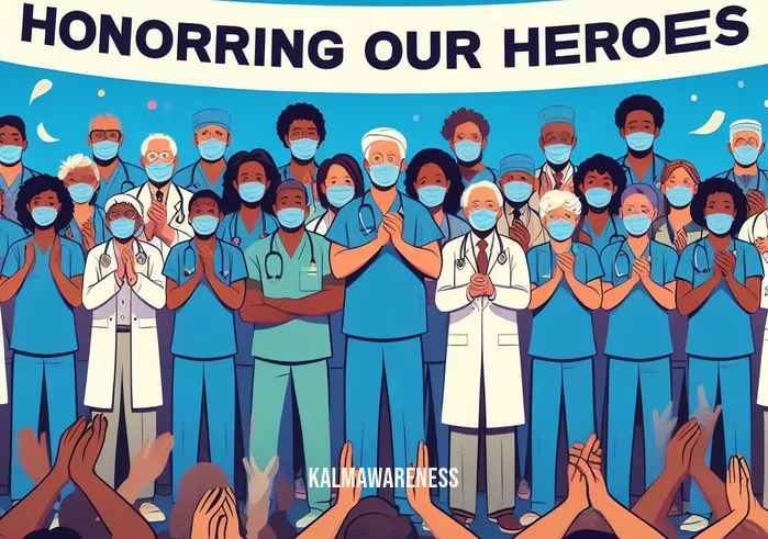 honoring healthcare workers _ Image: A celebratory scene as healthcare workers, unmasked, stand together with a banner that reads "Honoring Our Heroes," surrounded by grateful community members applauding their dedication.Image description: A heartwarming gathering of healthcare workers, standing proudly under a banner that reads "Honoring Our Heroes," while their community applauds and expresses gratitude.