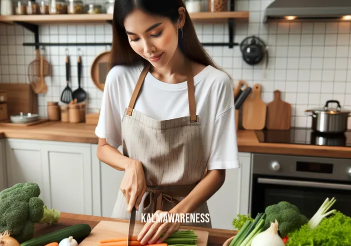 mindful foods _ Image: A person preparing a wholesome meal with fresh ingredients in a well-organized kitchen. Image description: Someone cooking a healthy meal in a tidy and well-organized kitchen, chopping fresh ingredients.