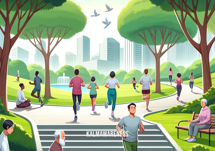 mindful healthcare _ Image: A tranquil park scene with individuals jogging and practicing mindful running. Image description: People enjoying a peaceful park setting, engaging in mindful running for their well-being.