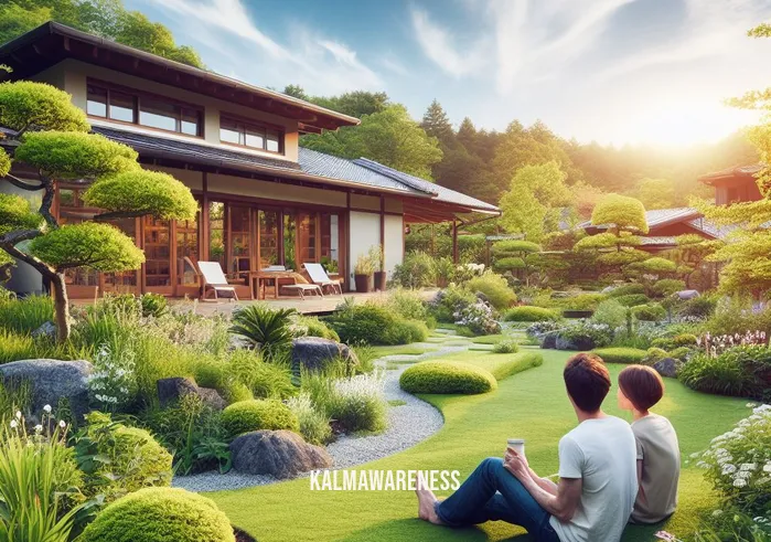mindful insurance _ Image: A tranquil and well-maintained garden, showcasing a beautifully restored home with no signs of previous water damage.Image description: The homeowners enjoy a peaceful moment in their garden, knowing their property is protected by mindful insurance.