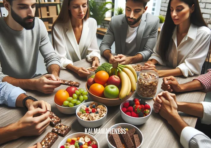 mindful snacks _ Image: A group of coworkers gathered around a table with a variety of healthy snacks, engaging in a mindful snacking session.Image description: A communal experience of mindful snacking, fostering a healthier workplace culture.