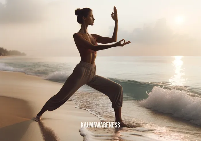 mindful wellness _ Image: A woman practicing yoga on a serene beach at sunrise, gracefully holding a pose as the waves gently touch her feet. Image description: Finding balance and harmony by the sea at dawn.