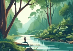 mindful yoga therapy _ Image: A serene outdoor setting, where a person practices yoga amidst nature, surrounded by trees and a tranquil river.Image description: A person finds serenity while practicing yoga amidst lush greenery and a calm river, connecting with nature.